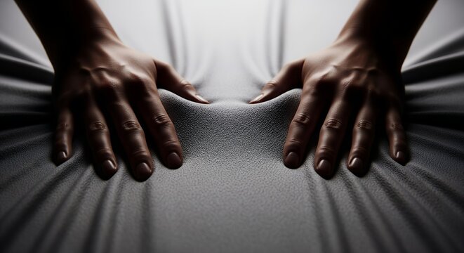 Close-up of hands interacting with textured fabric, studio shot, smooth skin, neutral tones, dramatic lighting, elegant feel, high-resolution image, perfect for advertising, website banners, and
