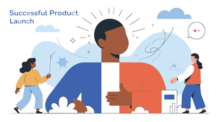 Innovative minds celebrate a successful product launch with optimistic energy in clean modern