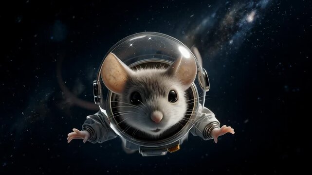 Small mouse wearing detailed spacesuit floats in cosmic background with galaxy and stars. Cute rodent astronaut with large ears and expressive face positioned in center of spherical helmet