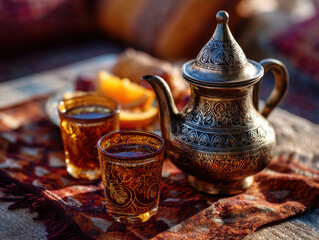 Beautiful teapot with intricate designs sits beside two glasses of tea on colorful patterned cloth, showcasing warmth of different cultures