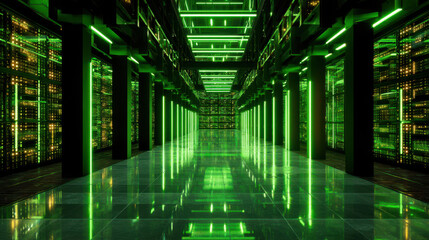 Smart eco factory features advanced sensor technology, showcasing vibrant green lit data center with sleek reflective surfaces