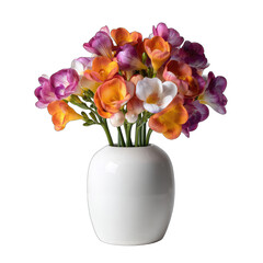 Colorful freesia blossoms in a simple white vase