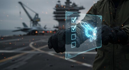 Military pilot checks flight readiness on a holographic display aboard aircraft carrier deck.