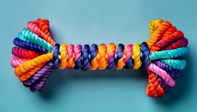 a colorful braided rope dog toy with knotted ends against a plain black studio background shot close up - Powered by Adobe