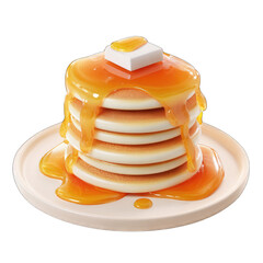 Stack of pancakes, drizzled with golden syrup, topped with butter