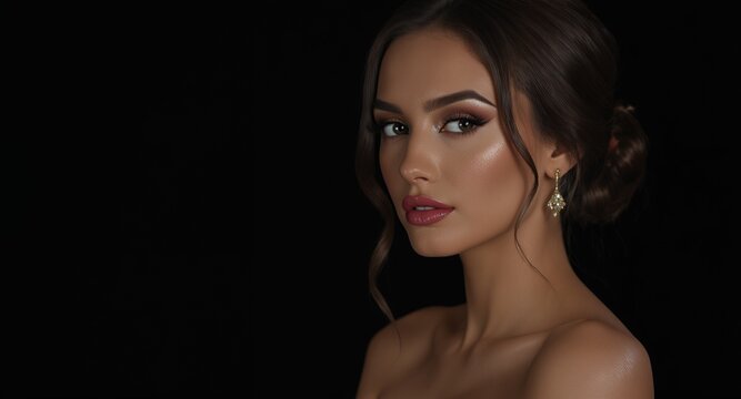 Close-up portrait of a woman with makeup and jewelry on a dark background.