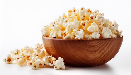delicious popcorn snack in wooden bowl isolated on white background for movie night and more fun