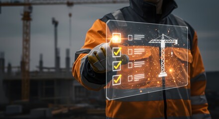 Construction worker reviewing digital blueprint with checklist overlay on a building site, progress concept.