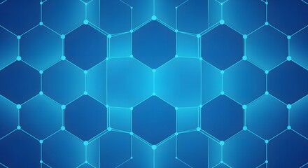 Abstract hexagonal pattern with glowing lines and dots on a dark blue background.