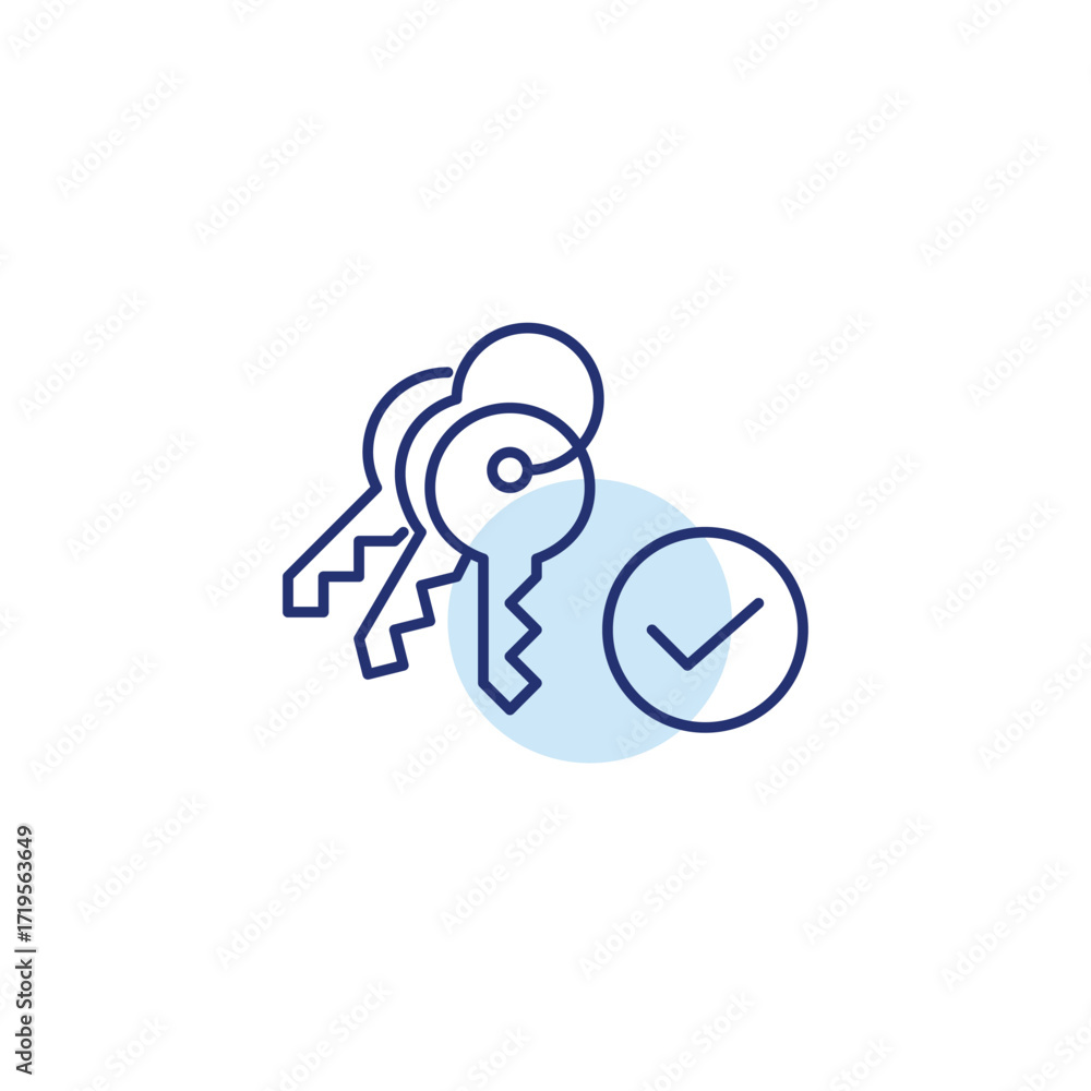 Poster keys on chain and checkmark. secure access, confirmed unlock. pixel perfect, editable stroke vector 