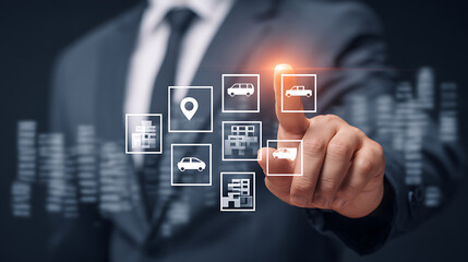 Businessman interacting with digital interface displaying transportation and location icons