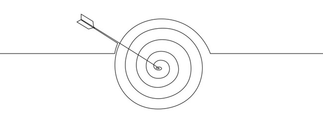 Continuous one line drawing of arrow in center of target. Strategic marketing or business concept with board and shot bullseye eps 10