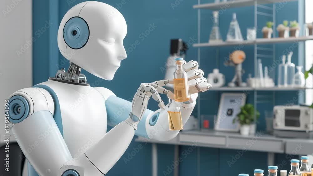 Poster sophisticated robotic system methodically analyzing golden liquid samples within high-tech research 