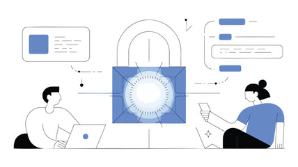 Securing digital lives a lock symbolizes shared online safety in a bright flat lay vector