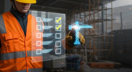 Construction worker using digital checklist with holographic crane blueprint on a building site.