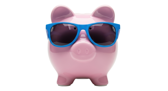 Isolated Piggy Bank wearing Sunglasses on a Clean Background, Pink Savings Deposit Container