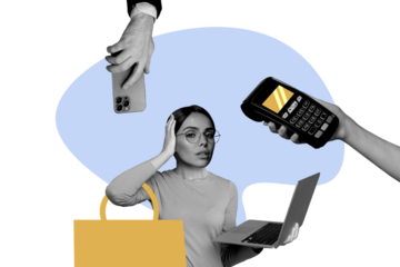 Creative collage young woman laptop digital device terminal pos device digital online estore payment smartphone laptop shopaholic bag