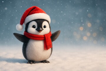 Cute Realistic Penguin with Santa Hat and Scarf Spreading Wings / サンタ帽と赤いマフラーを着けて翼を広げる可愛いリアルペンギン