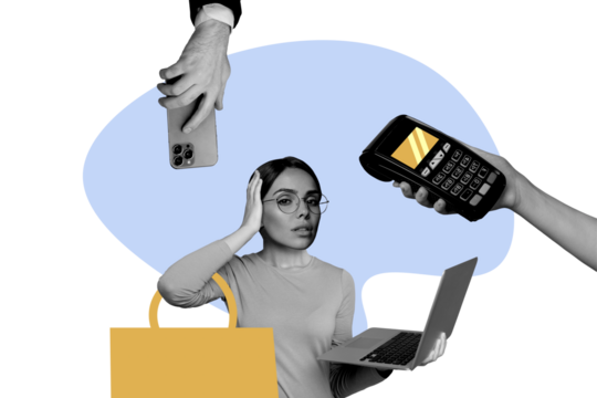 Creative collage young woman laptop digital device terminal pos device digital online estore payment smartphone laptop shopaholic bag