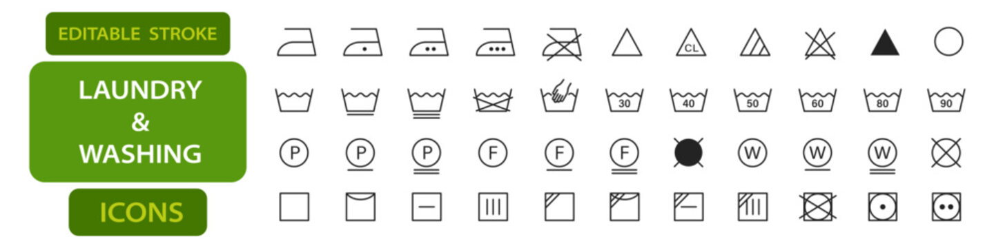 Laundry and washing editable stroke icons including ironing, hand wash, water temperature, bleach, dry cleaning, and drying method symbols. Vector
