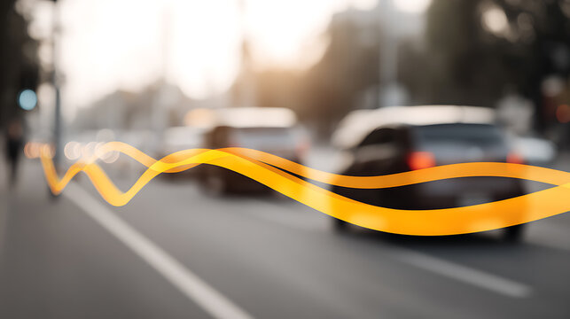 Abstract yellow ribbon overlay on blurred city street with moving vehicles during golden hour