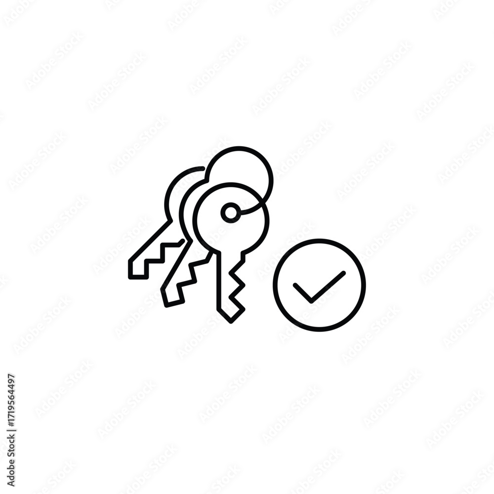 Poster keys on chain and checkmark. secure access, confirmed unlock. pixel perfect, editable stroke vector 