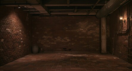 Dark Brick Room Interior, Grungy Basement Texture, Vintage Industrial Background, Low Light Setting