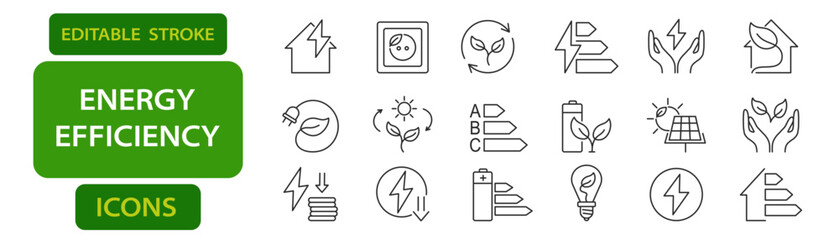 Energy efficiency editable stroke icons including eco energy, solar panel, power saving, green battery, rating labels, leaf symbols, and sustainable electricity © Cezar_911
