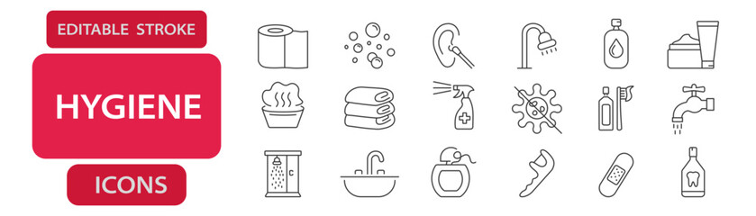 Hygiene editable stroke icons including soap, towel, handwash, toilet, shower, bubbles, toothbrush, antiseptic, and cleaning spray