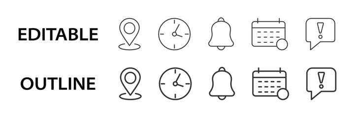 Reminder and notification editable stroke icons including location pin, bell, clock, message, calendar, and alert symbol