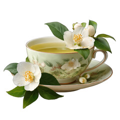 Delicate teacup filled with light green tea, adorned with white jasmine flowers and leaves