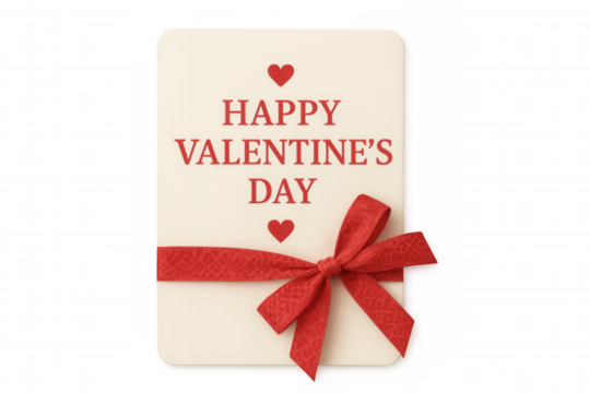 Valentine's day greeting card with red bow and hearts, expressing love and romance, transparent background for easy use