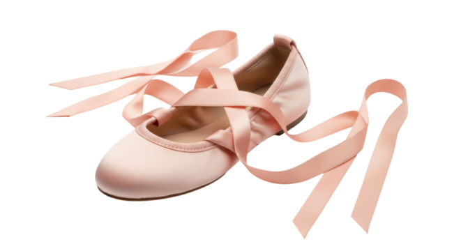 Isolated pink pointe shoe with ribbons, ballet flat, dance or gym slipper, soft shoe on display