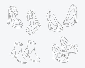 Hand drawn woman shoes doodle collection set. Vector isolated of high heels, wedges, boots line art outline style for asset, fashion, design, decoration, coloring page