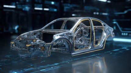 Transparent Car Model with Visible Internal Components in a High-Tech Environment
