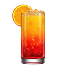Vibrant layered cocktail in tall glass, orange slice garnish