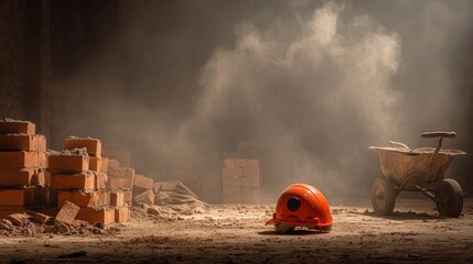 Industrial Interior View of Construction Site with Dust, Orange Safety Helmet, Brick Piles, and Old Wheelbarrow