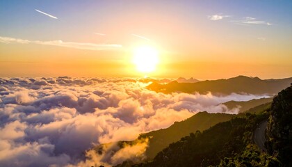 A breathtaking vista showcases a sunlit sky, clouds enveloping mountains. A winding road carves through lush, green slopes bathed in golden hues