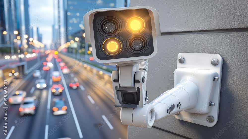 Poster modern security camera mounted on wall overlooking multi-lane highway with blurred traffic. high-tec