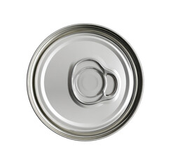 Close-up of a can top, metallic silver, circular, with pull-tab
