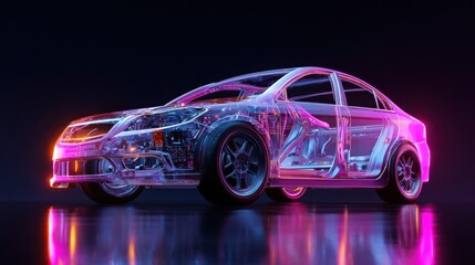 Naklejka premium Transparent Electric Car Model with Neon Glow and Sleek Design for Futuristic Concept Art