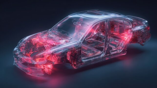 Transparent Car Model Showcase with Neon Lights and High-Tech Elements for Automotive Design and Innovation