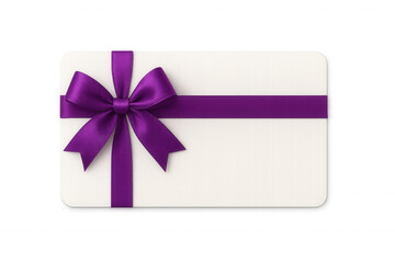 Gift card with purple ribbon bow, presenting voucher for birthday celebration, shopping, and holiday gift