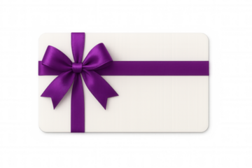 Gift card with purple ribbon bow, presenting voucher for birthday celebration, shopping, and holiday gift