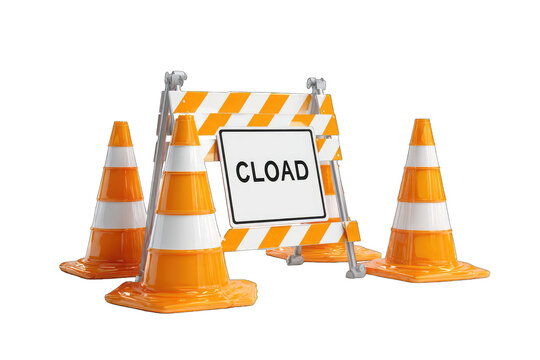 Road closure with orange traffic cones and barricade, white sign reading "CLOAD