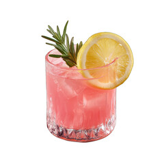 Pink cocktail with lemon slice and rosemary sprig in a short glass