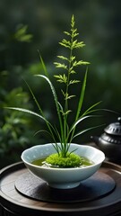 グリーン ボウルの中の葉っぱと木製のテーブル