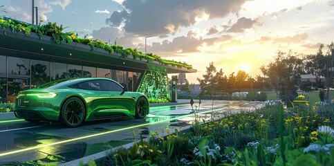 A modern, electric car with a vibrant green finish is parked at a charging station under a beautiful sunset. The car is surrounded by lush green foliage and a modern architectural design, highlighting