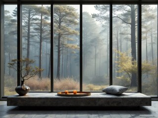 Interior View of Forest Through Large Window