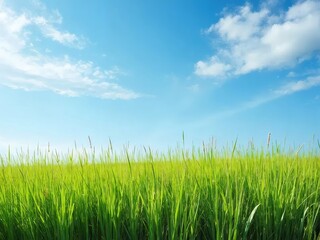 青空の下の緑豊かな草地と白い雲の風景